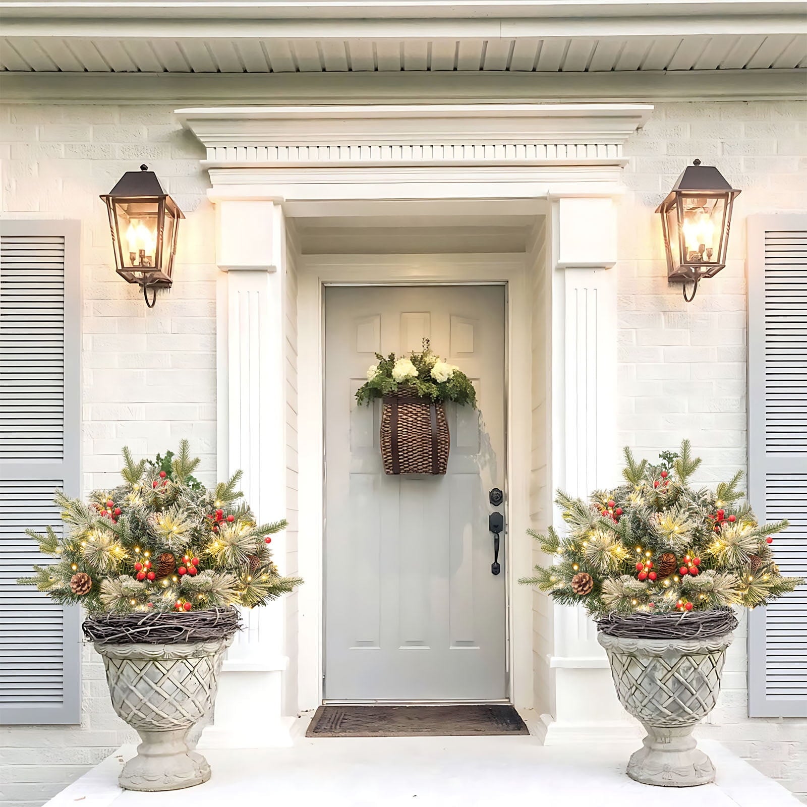 BINGTAOHU 2 Pcs Pre-lit Christmas Tree Outdoor Prelit Planter Bushes Christmas Tree Frosted Urn Filler Holiday Planter Filler Small with Warm LED Lights for Porch Pathway Front Door 23.62 In