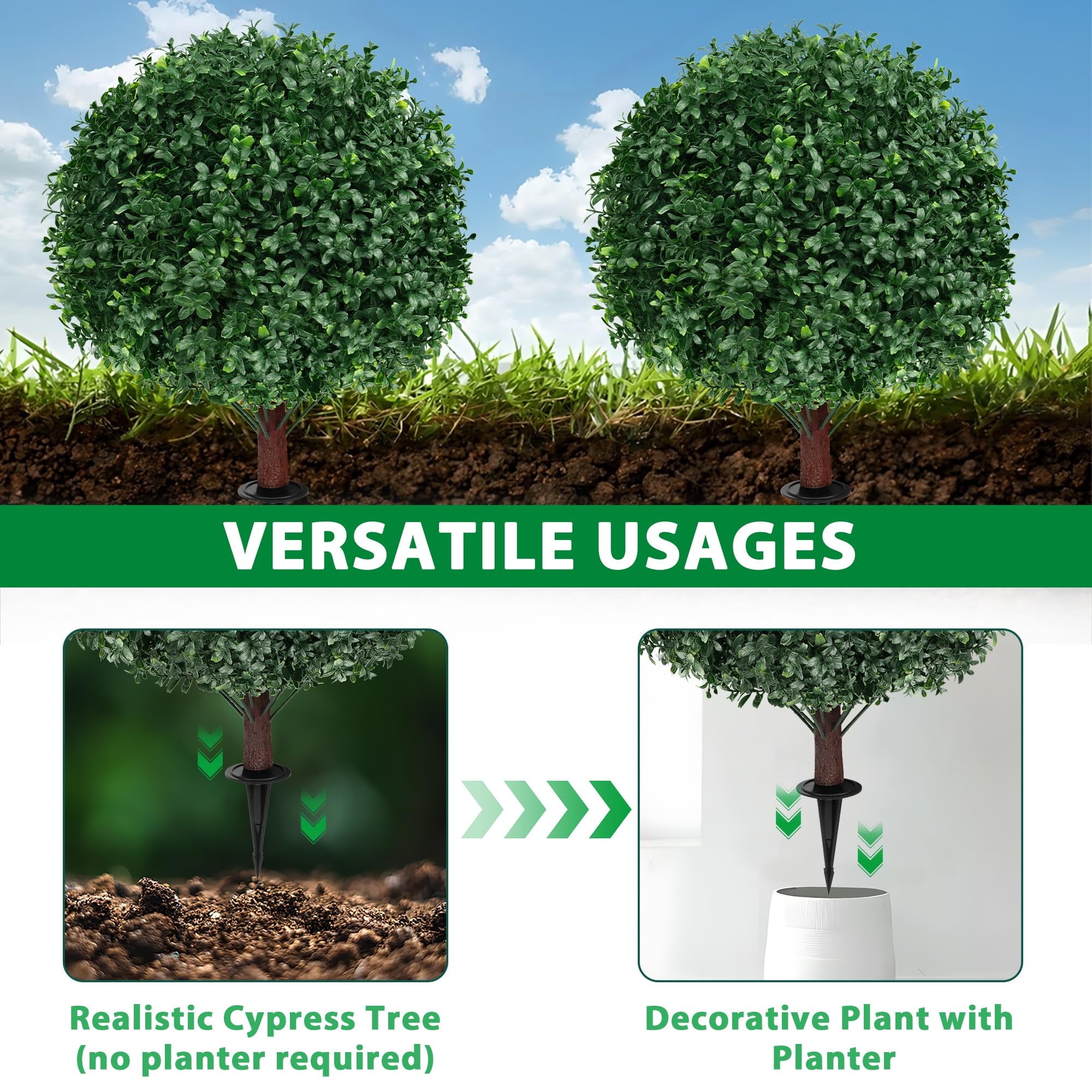 2 16in Artificial Boxwood Sphere Bushes - UV Resistant, with Stakes, Porch/Planter/Indoor Decor