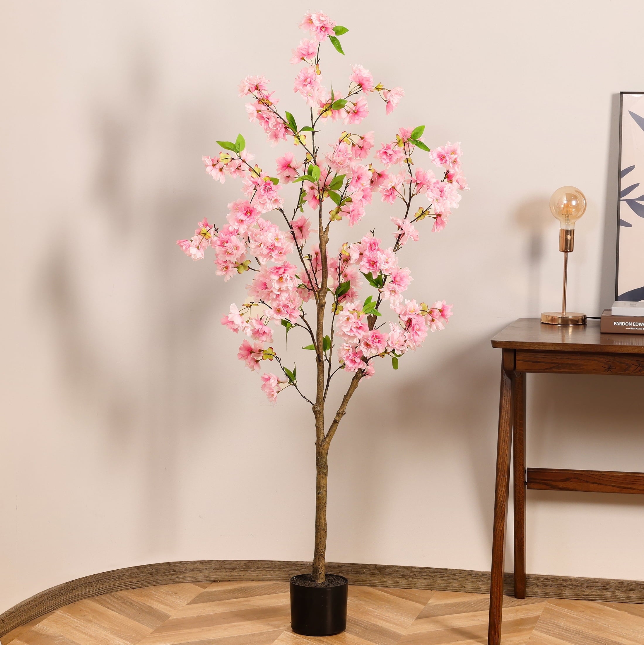 HiPlants 5ft Artificial Pink Cherry Blossom Tree in Black Pot, Faux Wishing Tree Indoor for Garden Office Party Wedding Hotel, Fake Plants for Office Home Decor