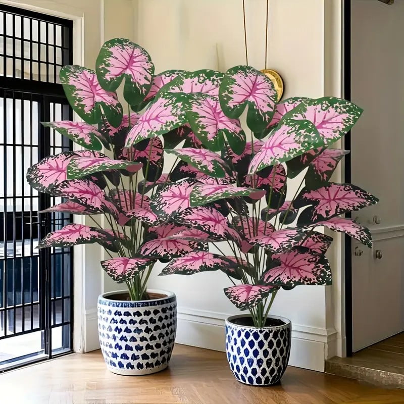 2-piece large artificial black rock plant with pink flowers and green leaves, suitable for indoor and outdoor home office wedding Christmas Easter Thanksgiving decoration (without pot)