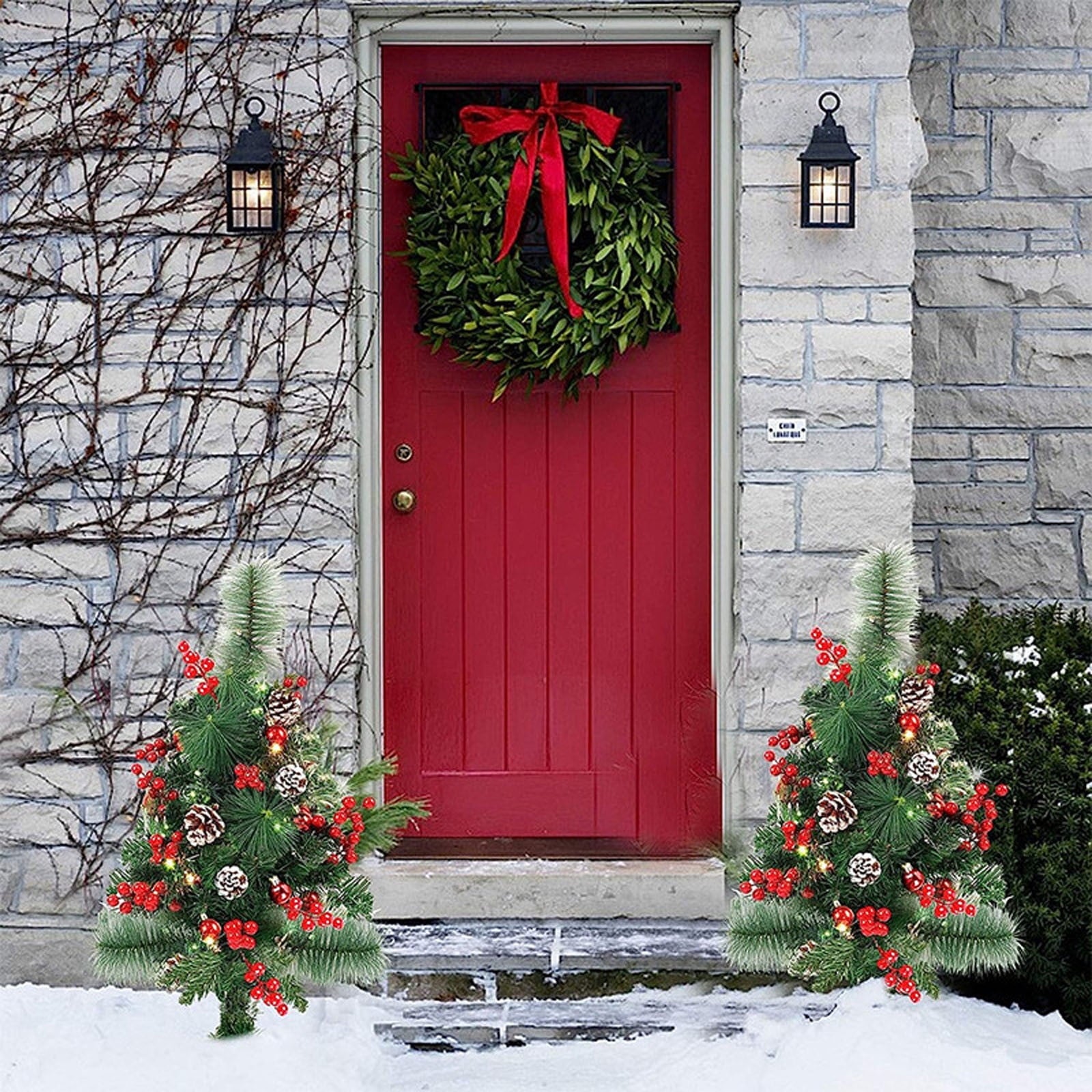 BINGTAOHU 2 Pcs Pre-lit Christmas Tree Outdoor Prelit Planter Bushes Christmas Tree Frosted Urn Filler Holiday Planter Filler Small with Warm LED Lights for Porch Pathway Front Door 23.62 In