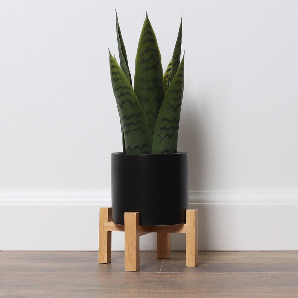 Bornbridge Artificial Snake Plant with Mid Century Plant Stand - Sansevieria Plant in Modern Planter - Small, 1 Pack