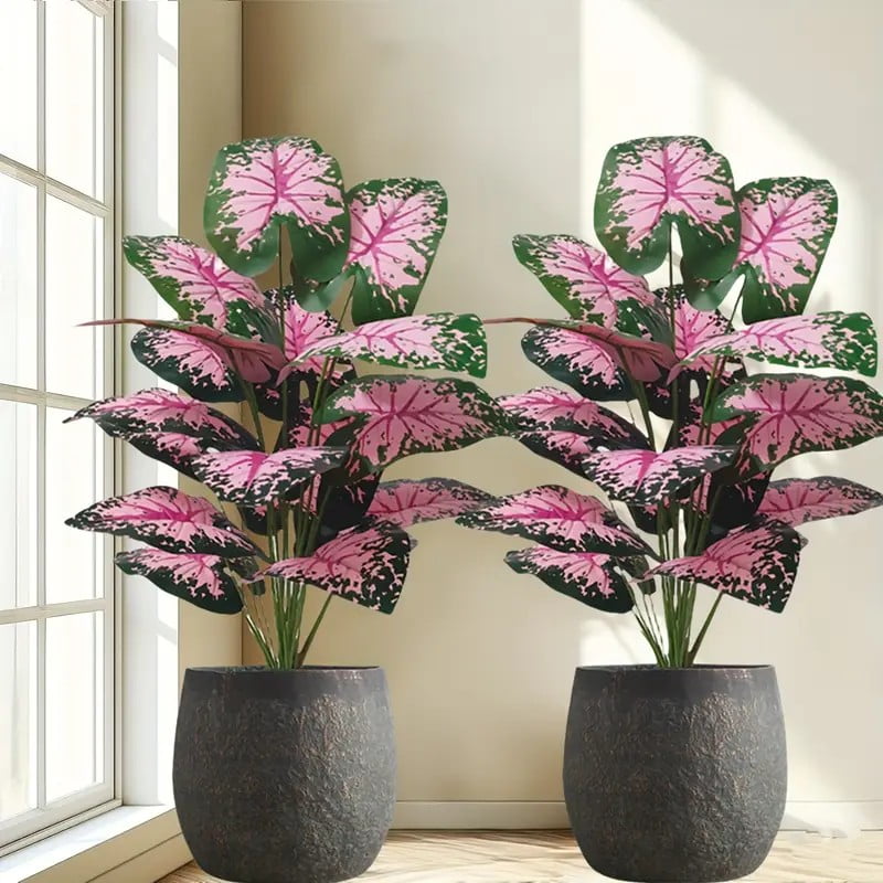 2-piece large artificial black rock plant with pink flowers and green leaves, suitable for indoor and outdoor home office wedding Christmas Easter Thanksgiving decoration (without pot)
